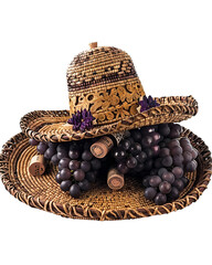Wicker hat and grapes wine corks still life