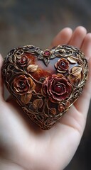 Hand holding a heart-shaped, ornate decorative piece.  Intricate gold filigree surrounds a  brown and reddish-toned heart, detailed with sculpted roses and leaves.  Red gems accent the roses