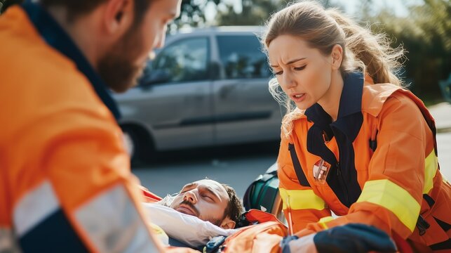 Emergency medical responders assist injured man on roadside during daytime in urban setting