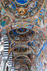 Colorful Ceiling Frescoes Depicting Biblical Scenes at Rila Monastery Church Entrance in Bulgaria