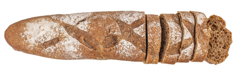 A partially sliced artisanal baguette dusted with flour, revealing a textured, airy crumb and rustic golden crust on a white background.
