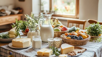 Fresh Dairy Delights Still Life. Milk, Butter, Cheese, Fruits, Herbs on Table