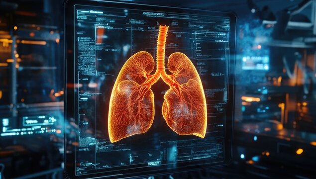 Medical scan of lungs displayed on a futuristic monitor.  High-tech medical interface shows 3D rendered lungs in orange/red tones. 