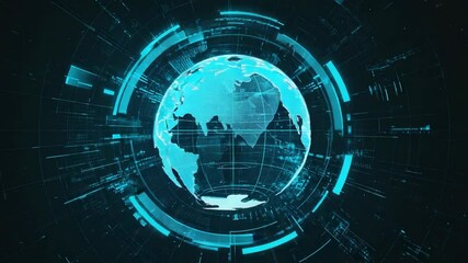 Appearing on grid interface, holographic globe rotating for scanning data streams with HUD rings - Powered by Adobe