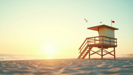 Lifeguard tower on a quiet beach, early morning, seagulls