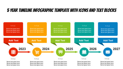 5 Year Timeline Infographic Template with Icons and Text Blocks. Company growth over years. Product development timeline. Marketing or sales evolution. Fully editable vector SVG file for PowerPoint.