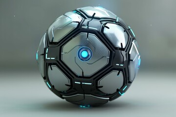 Naklejka premium Metallic sphere with glowing blue light emitting from its core, suggesting advanced technology and futuristic design