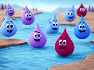 Fototapeta premium Happy Animated Droplets Enjoying a Playful Day by the Water in a Colorful Landscape Setting