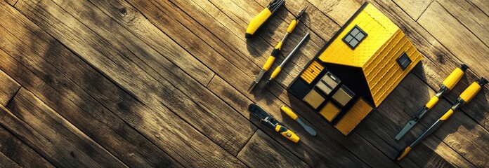 Yellow miniature house and assorted tools on a wooden surface