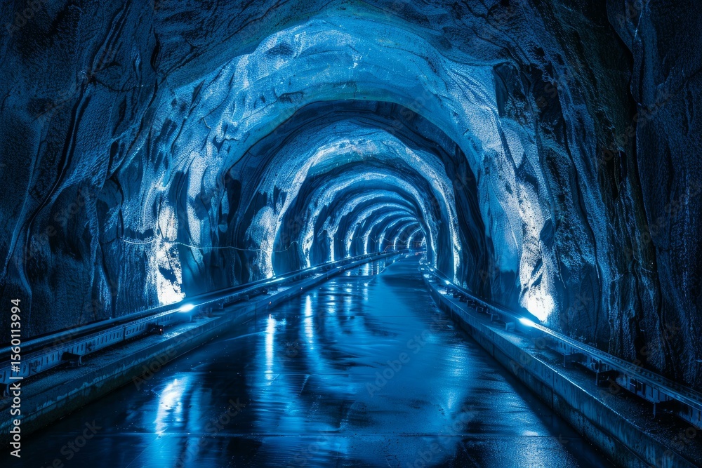 Poster wet illuminated futuristic tunnel system creating a mysterious path
