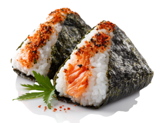 A delectable duo of beautifully crafted rice balls, each adorned with a vibrant sprinkle and a hint of salmon