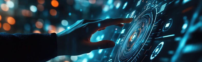 Hand interacting with a futuristic, glowing interface
