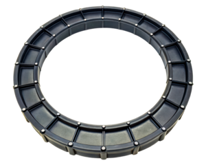 Large circular plastic retaining ring with structural ribs on a transparent background