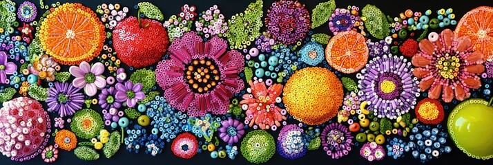 A vibrant tapestry of embroidered fruits and flowers.  Colorful, detailed embroidery depicting various fruits (oranges, apples, etc.) and flowers in a  dense, almost overflowing arrangement. 
