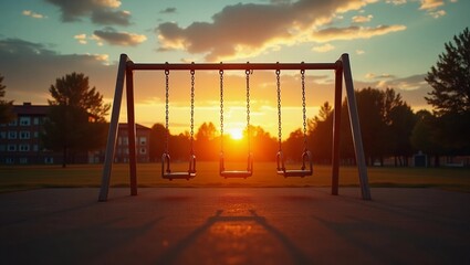 Sunset over an empty schoolyard with swings and warm colors