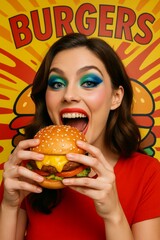 Excited woman BURGERS poster devouring tasty burger in retro pop backdrop