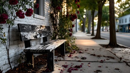 Parkbank unter blühenden Rosen im stimmungsvollen Stadtambiente bei Abendlicht
