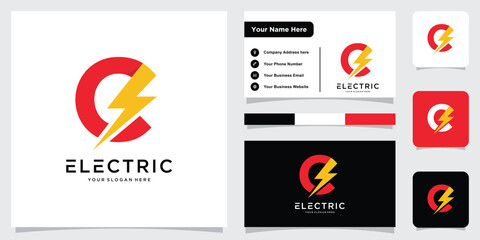 Letter C thunder logo vector design icon illustration with business card design