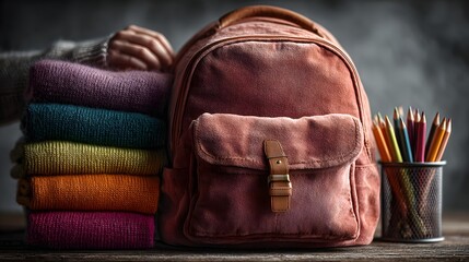 Kreativer Arbeitsplatz mit bunten Stiften und Rucksack in gemütlicher Lernumgebung
