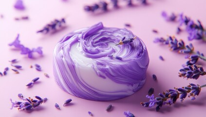 Round, swirl soap, white and purple, surrounded by lavender