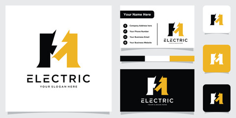 Initial letter M logo design template with lightning with business card design