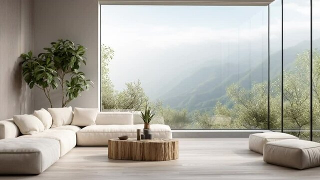 Salon moderno con gran ventanal que da a un bosque monta&ntilde;oso verde, con sofa rinconera blanco, mesita baja de madera rustica y espacio claro minimalista