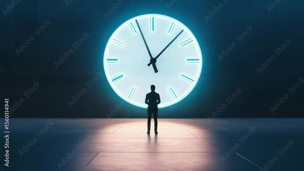 Poster businessman standing in dark room, facing a large glowing clock, symbolizing time management, deadli