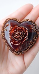 Heart-shaped brooch, deep reddish-brown resin, intricate copper filigree, rose design