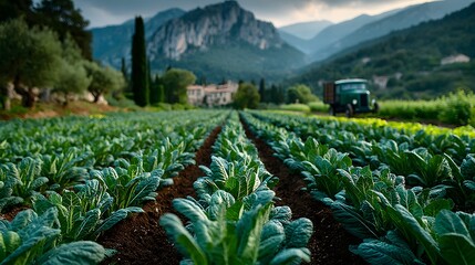 Frisches Gemüsefeld vor Bergpanorama mit Traktor in mediterraner Landschaft
