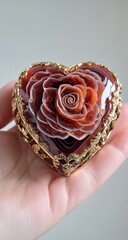 A heart-shaped, intricately carved agate box, showcasing a detailed rose design