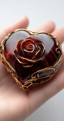 Heart-shaped pendant with a rose, held in a hand.  Detailed gold filigree design outlines the heart and encircles the rose. The rose and heart are deep reddish-brown/maroon with hints of amber