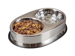 A close-up shot of a stainless steel pet bowl, showcasing both fresh dry food and a clean empty space for water or additional nourishment.