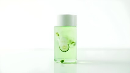 Green Cucumber and Mint Skincare Bottle on a White Background

