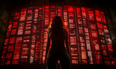 Backlit, silhouetted figure faces red grid of windows/light. Walls on side. Tense, mysterious and evocative