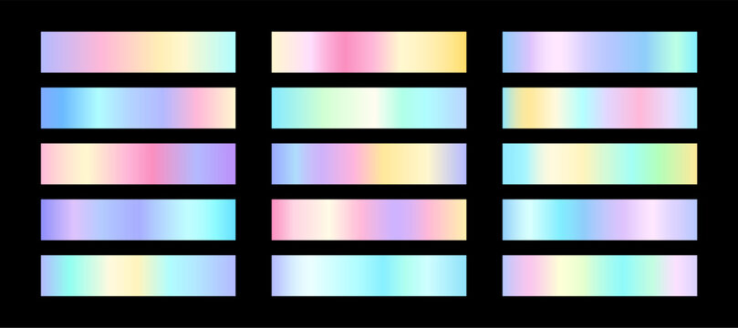 Iridescent gradient swatch collection. Holographic foil colors linear gradation.