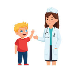 Fototapeta premium Cartoon illustration of a young boy waving to a female doctor in a white coat and cap.