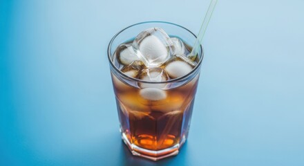 Refreshing iced tea drink modern kitchen setting beverage photography bright blue background close-up view summer vibes