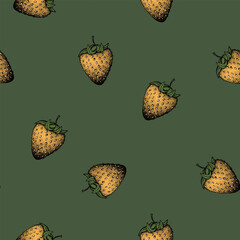 Seamless pattern with strawberry on color background. Natural delicious fresh ripe tasty fruit. Vector illustration for print, fabric, textile, banner, other design. Food concept.