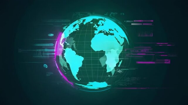 Animation initiating globe rotating on stage with gridline glitches, bars and magenta-teal overlays
