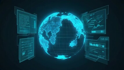 Activating holographic globe rotating on virtual interface, revealing continents with data panels - Powered by Adobe
