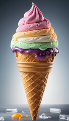 Vibrant ice cream cone with colorful swirls of soft serve, featuring pastel hues and a waffle cone, set against contrasting backgrounds. AI generated.

