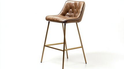 Chic bar stool with metal frame and leather seat on white background