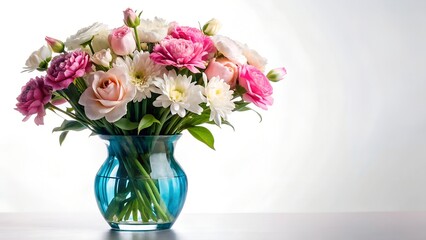 Photo of a charming bouquet of pink and white roses, ranunculus, and chrysanthemums in a teal vase, isolated on white background