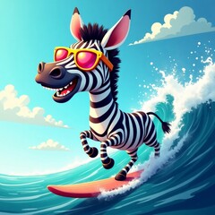 Playful zebra surfer riding turquoise wave against bright horizon