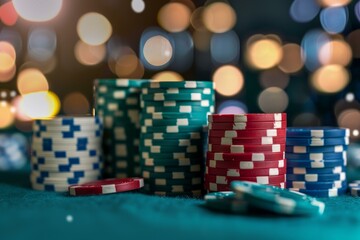 Casino chips forming stacks on a green felt table, creating a vibrant gambling scene under warm bokeh lights