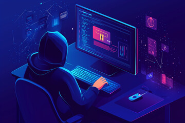 Phishing scam, hacker crime attack and personal data security concept. Hacker try to unlock the key on computer and phishing account, stealing password. cyber security vector