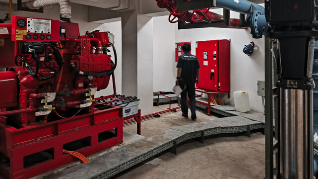 A maintenance worker inspects fire pump machinery in a building's mechanical room.