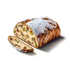 A lone watercolor radiant German christstollen with marzipan