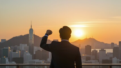 Back view of a successful businessman raising a fist in triumph. He stands on a rooftop overlooking a modern city skyline at sunset, symbolizing victory, ambition, and achi