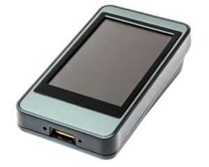 Portable electronic data logger with a touchscreen and USB port on a transparent background